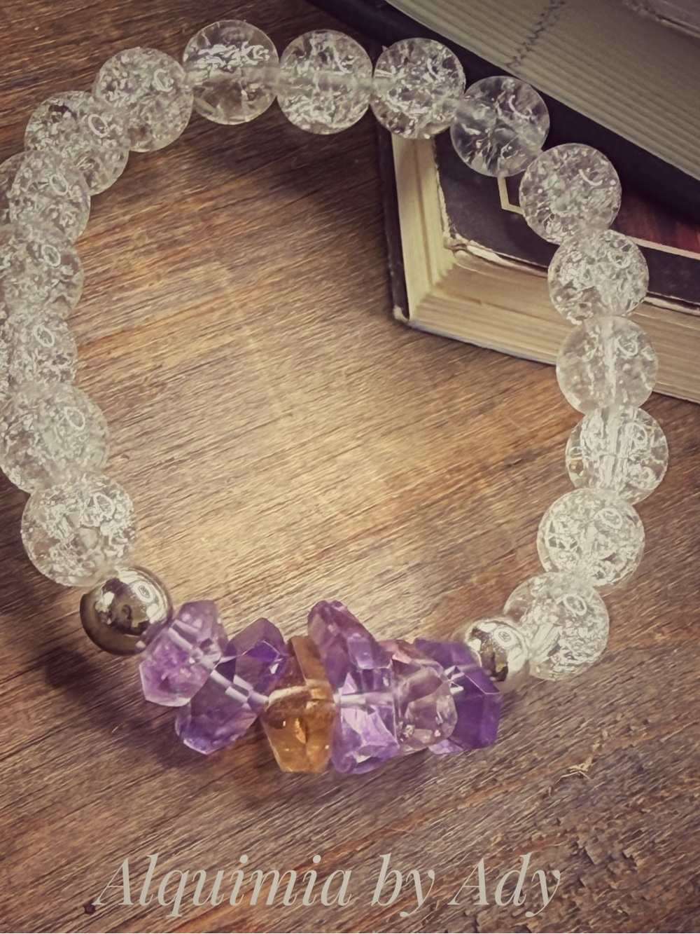 Ametrine Purple Focal Stone & Clear Crackle Bead Bracelet